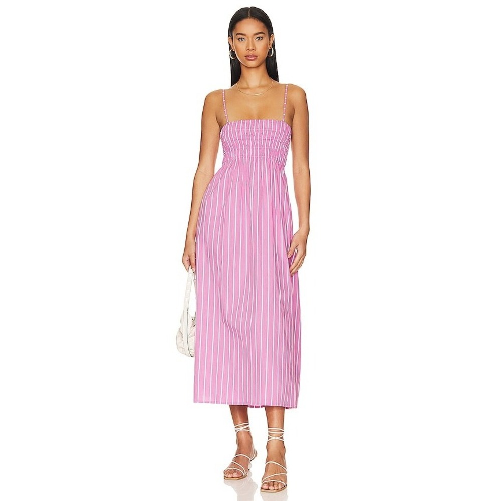 Faithfull The Brand Marieka in Adia Striped Lilac Smocked Midi Dress Small